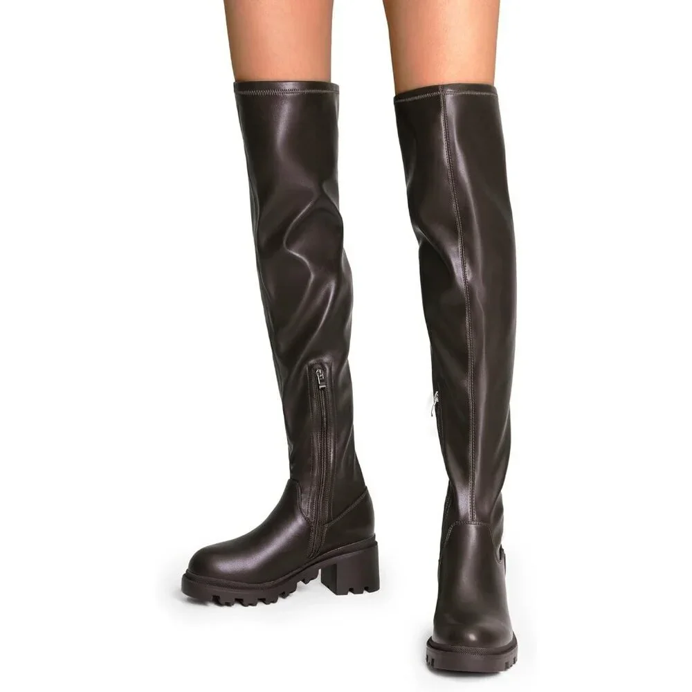 Women's Brown-pu Faux Leather Knee High Over The Knee High Chunky Heel Boots